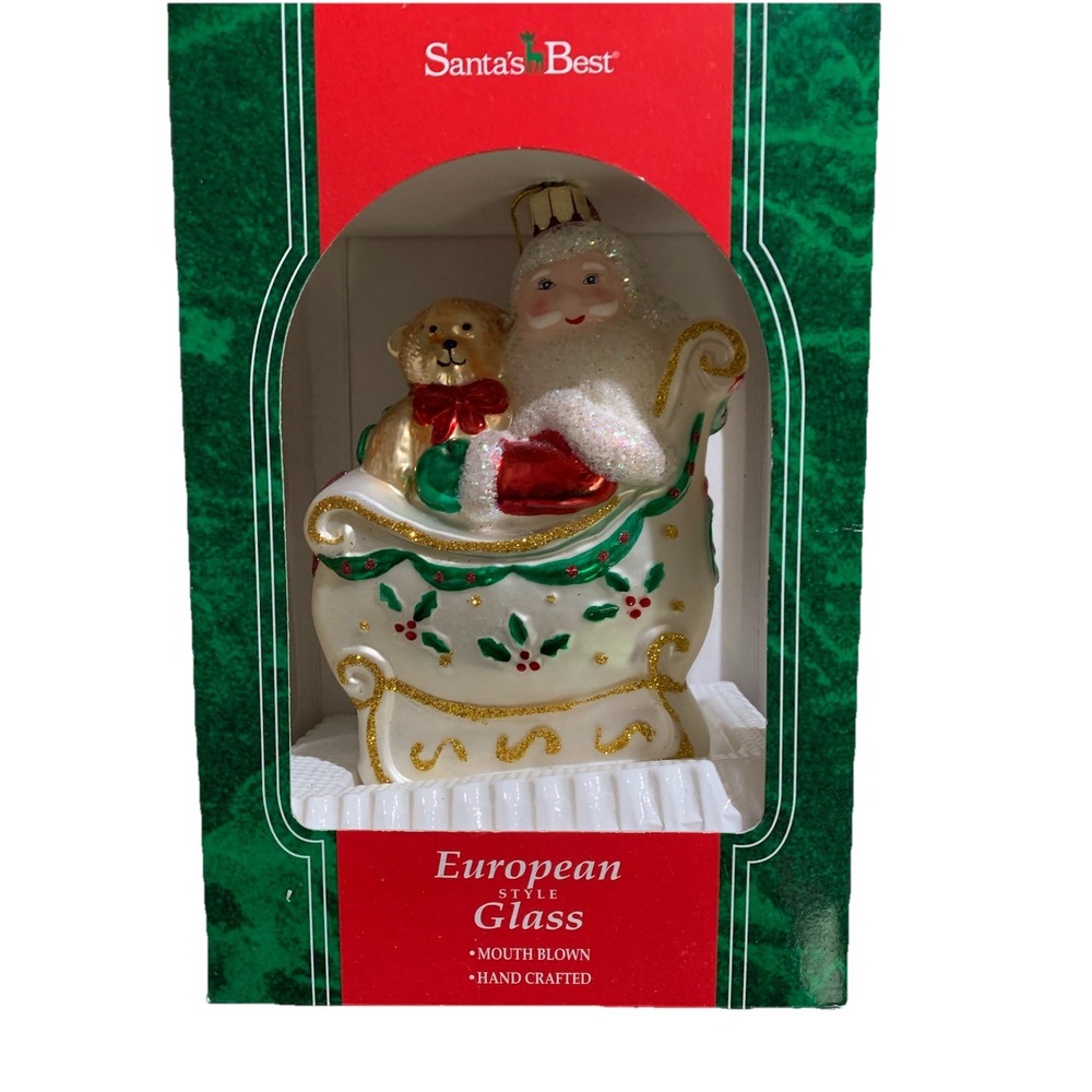 Vtg 1997 Santa's Best European Glass Santa In Sleigh Ornament In Box LARGE